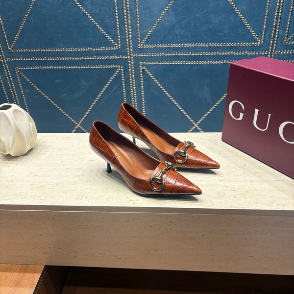 GG 26s Signoria Horsebit Pumps 7cm Brown Croc-Effect Leather 106952