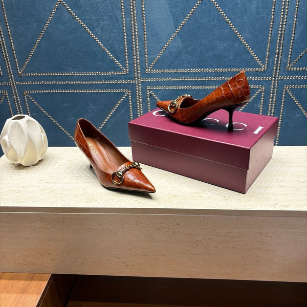 GG 26s Signoria Horsebit Pumps 7cm Brown Croc-Effect Leather 106952