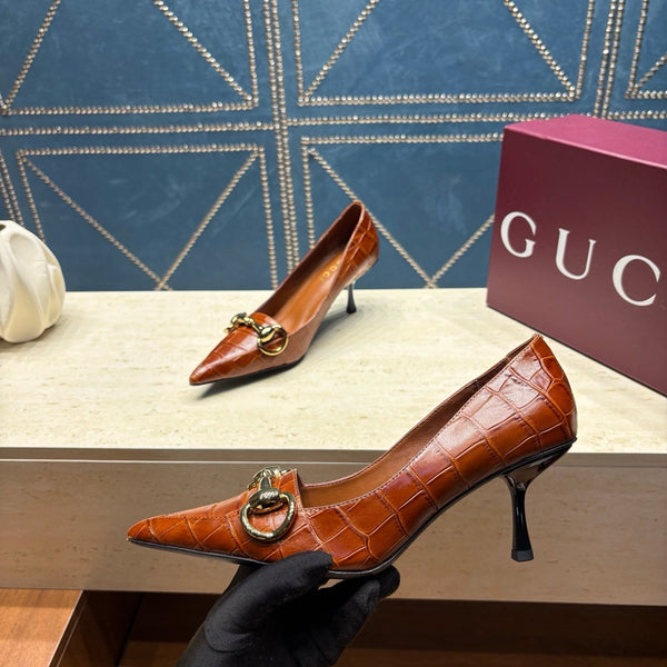 GG 26s Signoria Horsebit Pumps 7cm Brown Croc-Effect Leather 106952