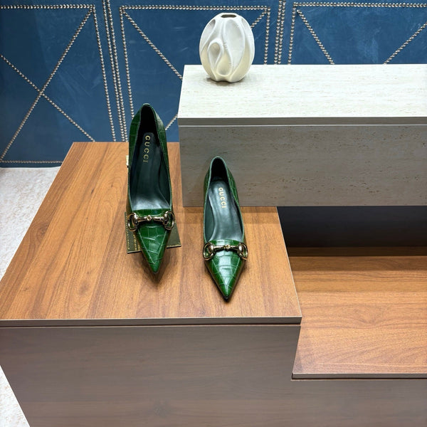 GG 26s Signoria Horsebit Pumps 7cm Green Croc-Effect Leather 106953