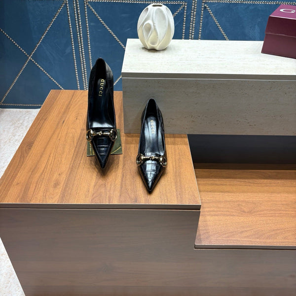 GG 26s Signoria Horsebit Pumps 7cm Black Croc-Effect Leather 106956
