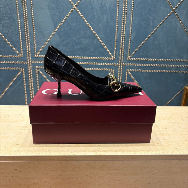 GG 26s Signoria Horsebit Pumps 7cm Black Croc-Effect Leather 106956