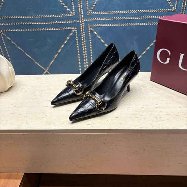 GG 26s Signoria Horsebit Pumps 7cm Black Croc-Effect Leather 106956