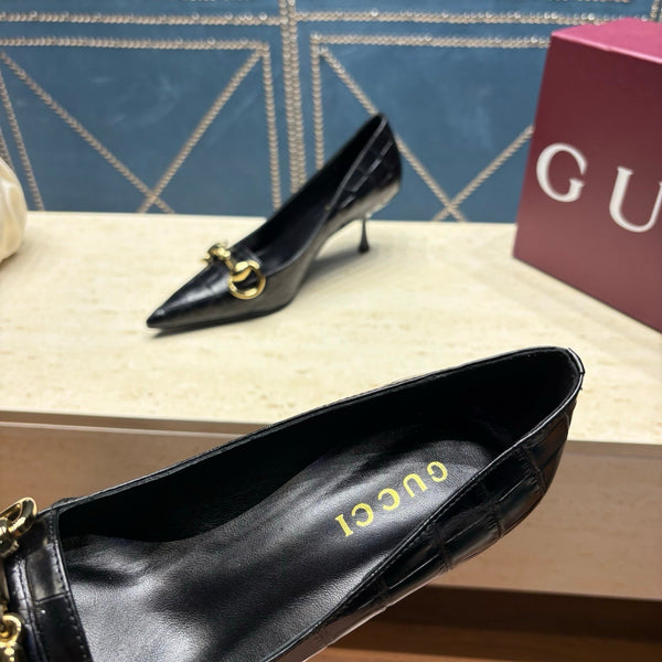 GG 26s Signoria Horsebit Pumps 7cm Black Croc-Effect Leather 106956