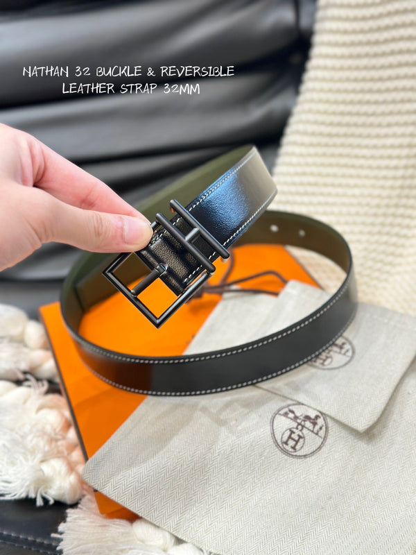 HM NATHAN REVERSIBLE BELT 32MM OLIVE GREEN AND BLACK LEATHER BLACK HARDWARE