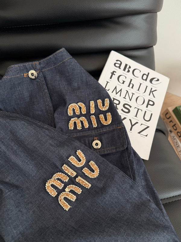 Miu Miu Beaded Letters Decorated Denim Suit Dark Blue Cotton