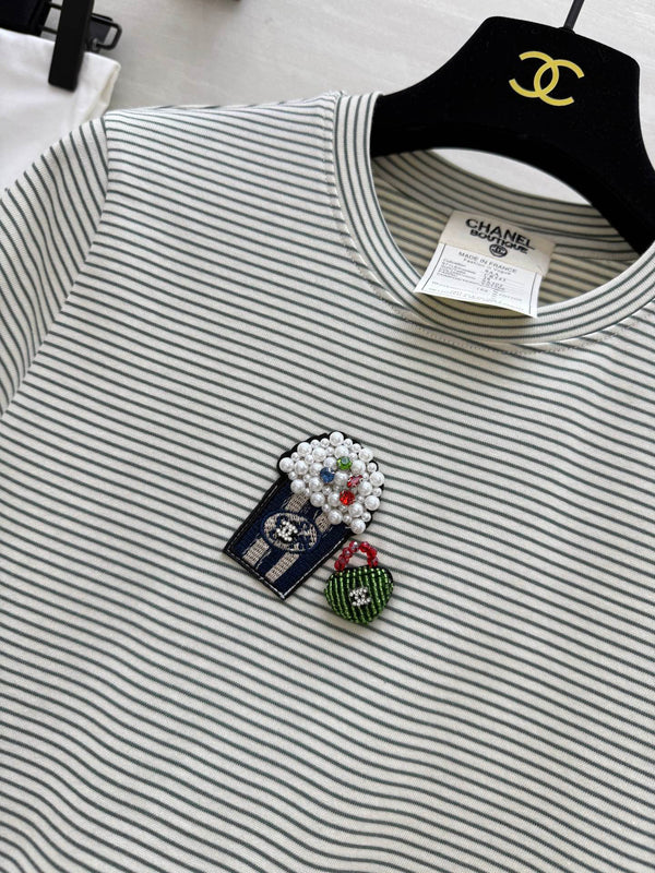 CC Beaded T-shirt Gray White Cotton