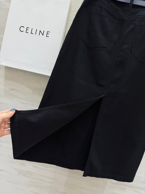Celine 25 Denim Skirt with Logo Belt Black Cotton
