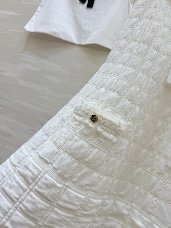 Chanel 2025 Raw-Edge Check Suspender Dress White Cotton 319515