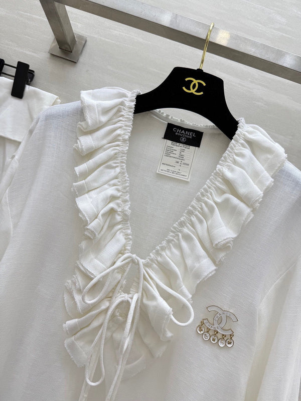 CC Pleated Shirt White Cotton Linen 343303
