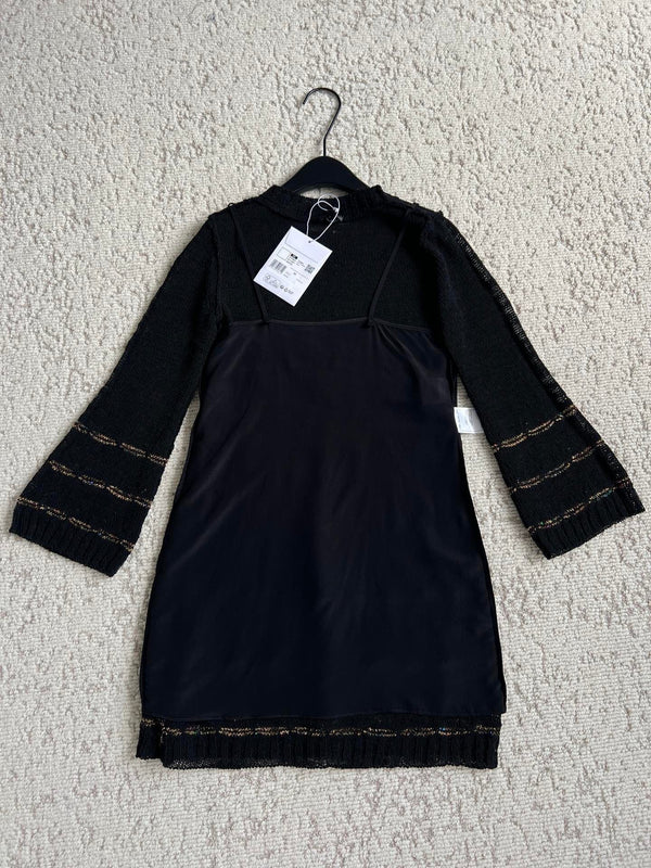 CC Butterfly-Trimmed Bell Sleeve Dress Black Wool 346483