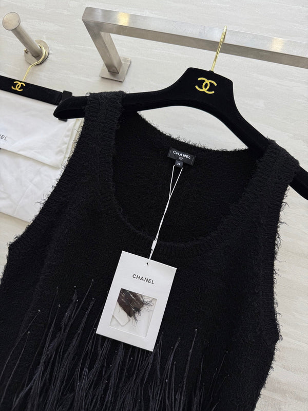 CC Ostrich Feather Rhinestone Vest Black Mulberry Silk Yarn 346478