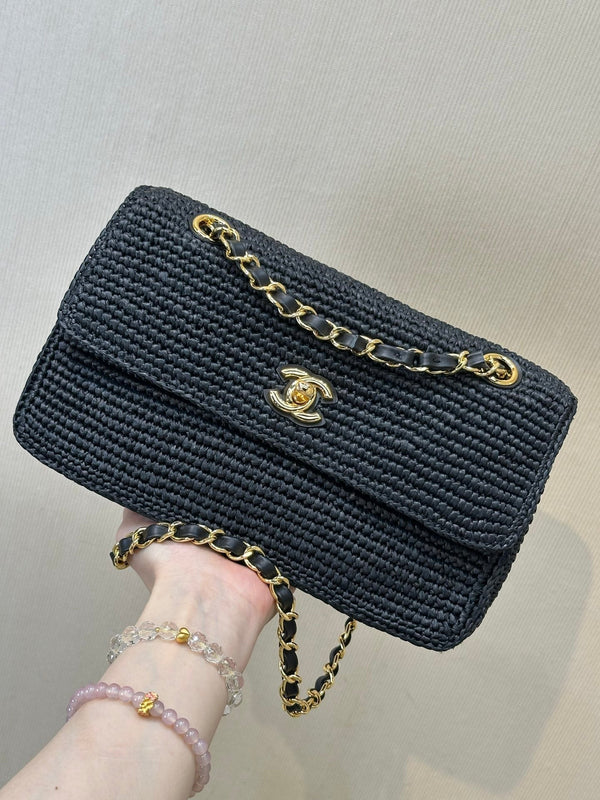 CC 26s Coco Beach 25.5CM Flap Bag Black Raffia 143485