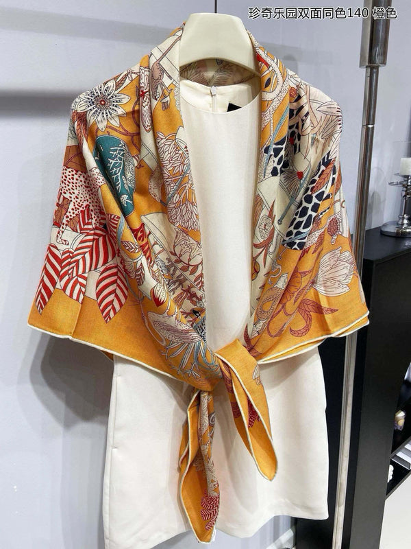 Precious Paradise Scarf 140 CM Yellow Orange Colorful Cashmere And Silk