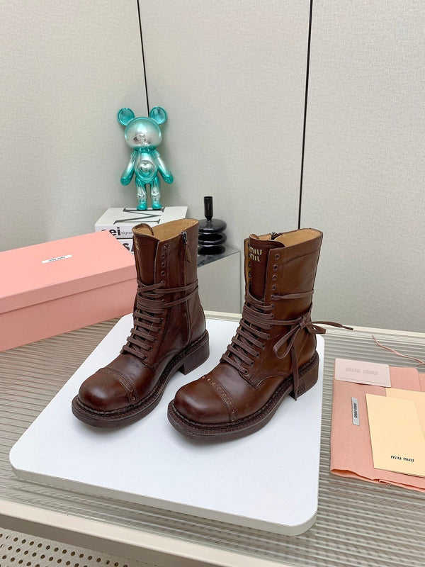 Miu Leather Laced Booties Chestnut Brown Cowhide