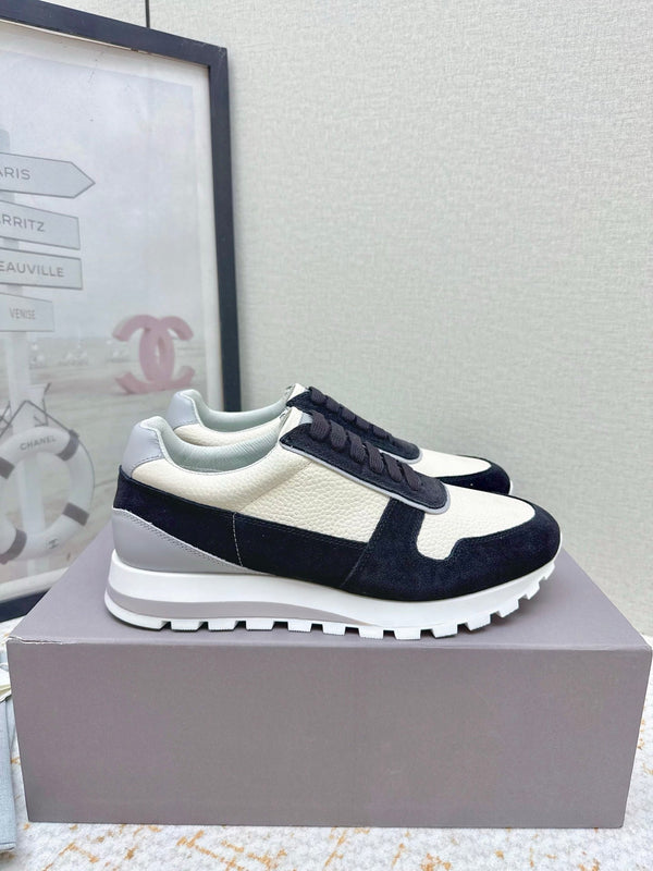 Brunello Panelled Sneakers Ivory Black Grain Leather Suede 625361