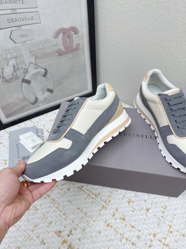 Brunello Panelled Sneakers Ivory Dark Grey Grain Leather Suede 625362