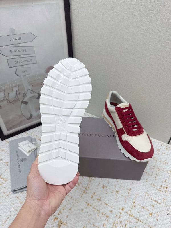 Brunello Panelled Sneakers Ivory Burgundy Grain Leather Suede 625364