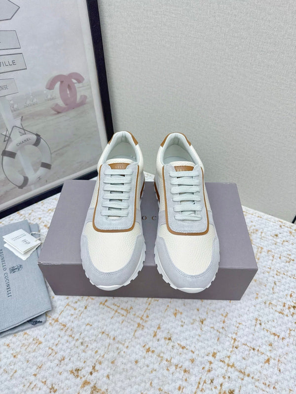 Brunello Panelled Sneakers Ivory Grey Grain Leather Suede 625366