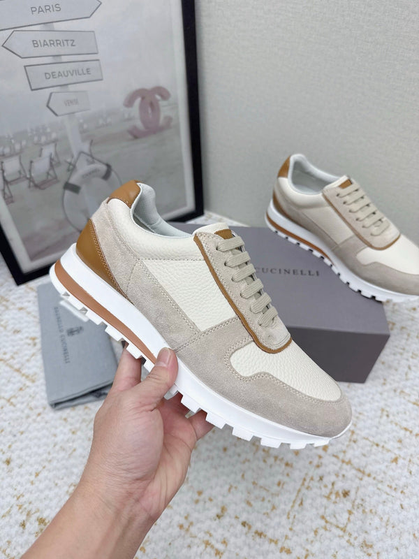 Brunello Panelled Sneakers Beige Taupe Grain Leather Suede 625367