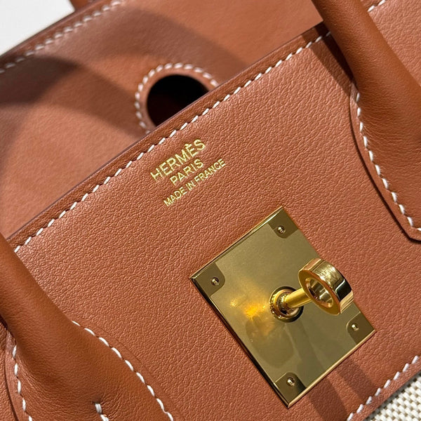 HM Birkin 30 Gold Swift Leather Grey Canvas Gold Hardware