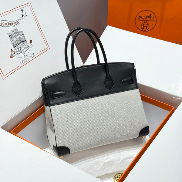 HM Birkin 30 Black Swift Leather Grey Canvas Gold Hardware