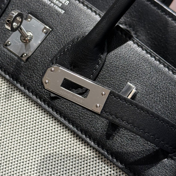 HM Birkin 25cm Black Swift Cowhide With Black White Checkered Canvas Fabric Shw 249986