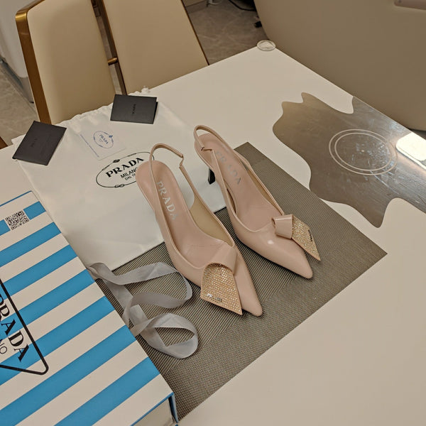 Prad 26s Pointed Toe Slingback Pumps 50mm In Nude Pink Smooth Calfskin With Crystal