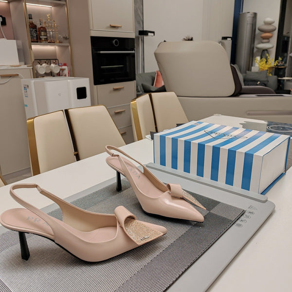Prad 26s Pointed Toe Slingback Pumps 50mm In Nude Pink Smooth Calfskin With Crystal
