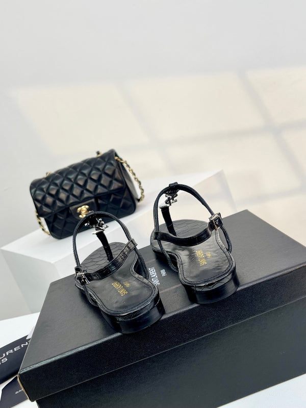 SL Cassandra Croc-Embossed Thong Sandals Black Leather