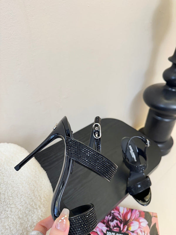 DC Satin Sandals Black Sheepskin & Fusible Rhinestones 313668