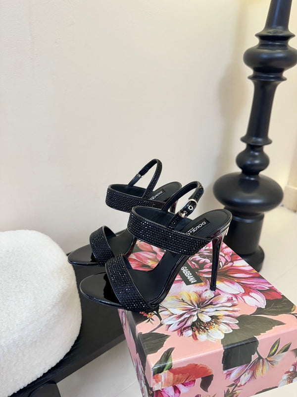 DC Satin Sandals Black Sheepskin & Fusible Rhinestones 313668