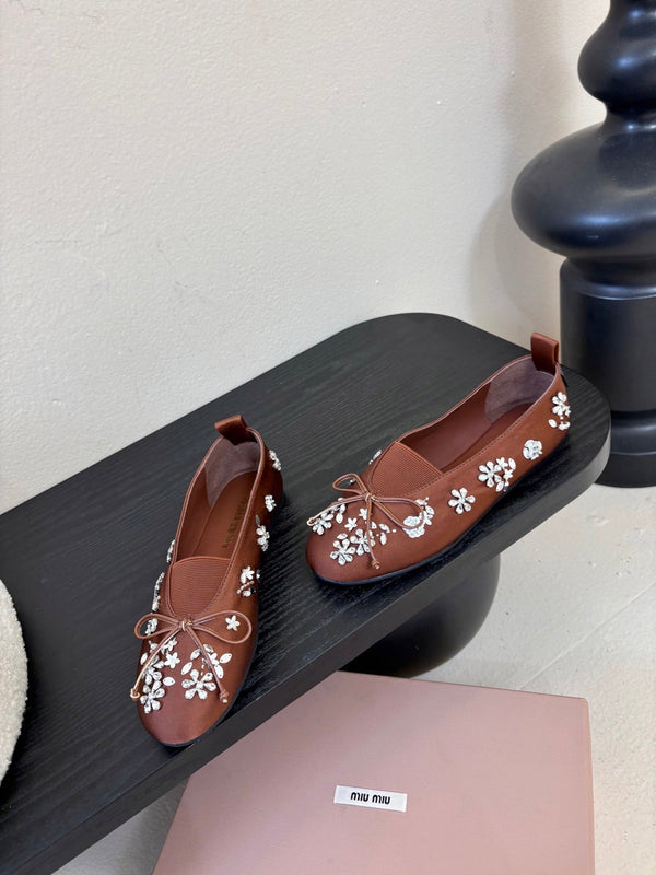 Miu Ballet Flat With Floral Crystal Brown Silk