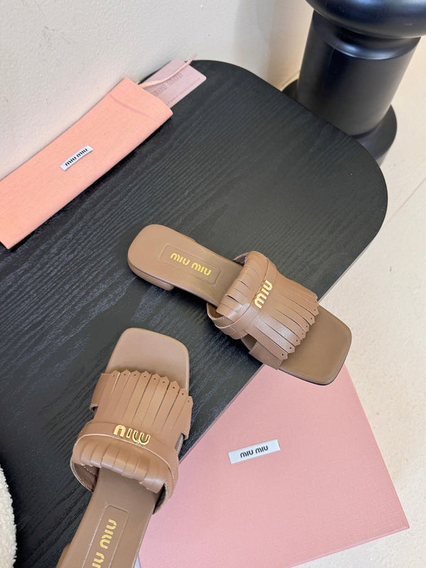 Miu 26s Flat Slippers In Brown Calfskin