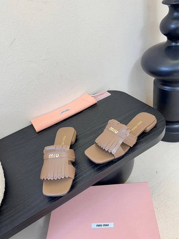Miu 26s Flat Slippers In Brown Calfskin