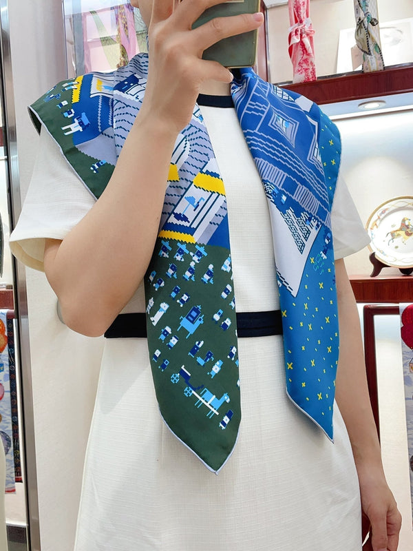 Faubourg Party Scarf 90 CM In Blue Colorful Silk Twill 198582