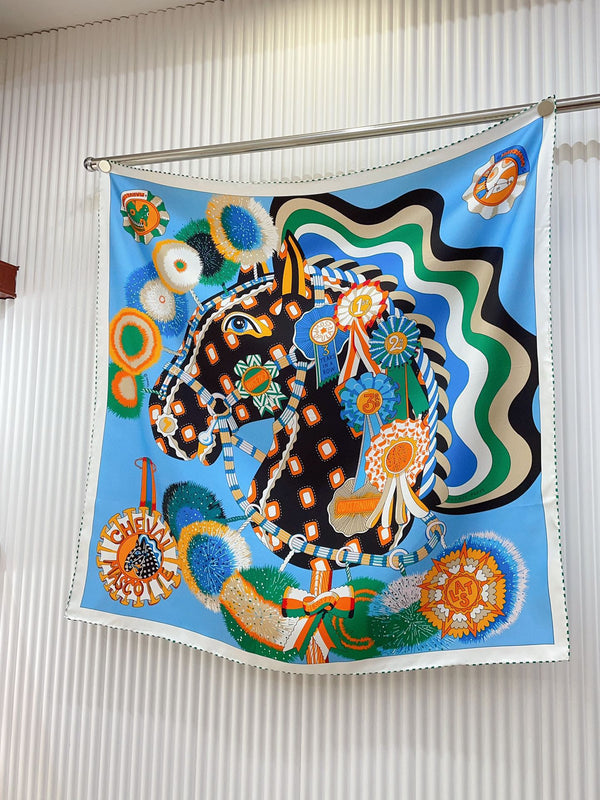 Cheval Mascotte Scarf 90 CM In Blue Colorful Silk Twill 206456