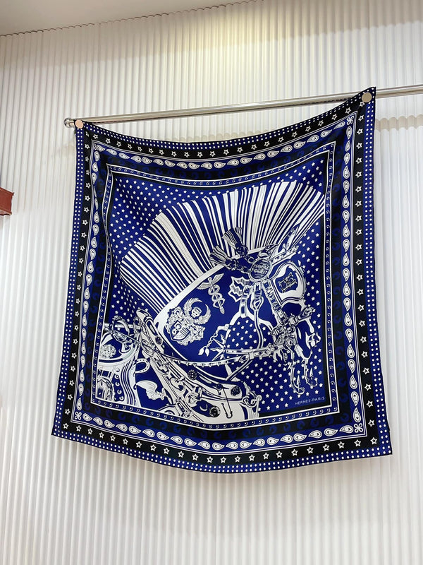 Cheval Punk Bandana Scarf 90 CM In Dark Blue Mix White Black Silk Twill 309213