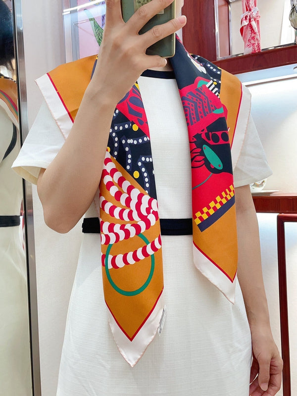 Silla De Gaucho Scarf 90 CM In Yellow Orange Colorful Silk Twill 320652