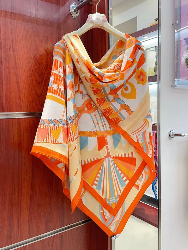 Haute Parure Scarf 135 CM In Orange Colorful Cashmere And Silk 324754