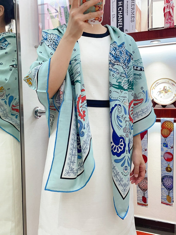 Guepards Bandana Double Face Scarf 140 CM In Light Turquoise Colorful Cashmere And Silk 334191