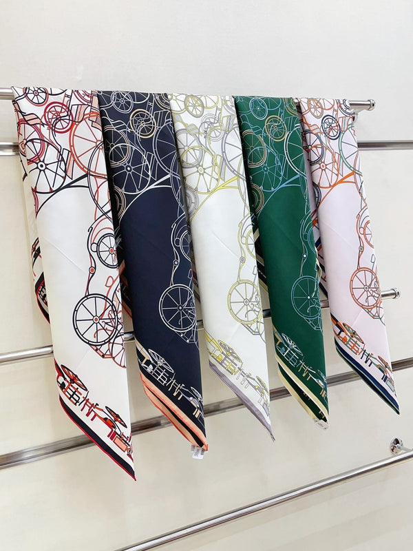 Complication Equestre Scarf 90 CM In White Yellow Coloful Silk Twill 345898