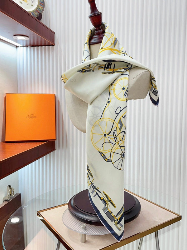Complication Equestre Scarf 90 CM In White Yellow Coloful Silk Twill 345898