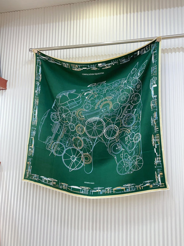 Complication Equestre Scarf 90 CM In Green Coloful Silk Twill 345899