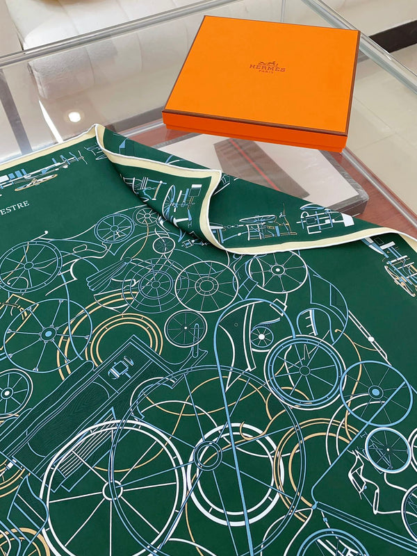 Complication Equestre Scarf 90 CM In Green Coloful Silk Twill 345899