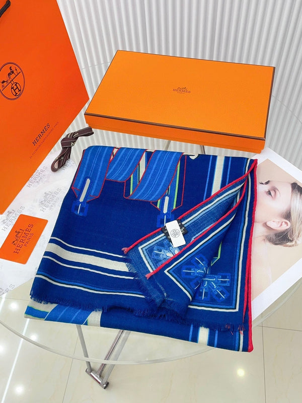 Les Sangles En Finesse Rectangle Scarf 180 CM In Dark Blue Colorful Cashmere And Silk 373657