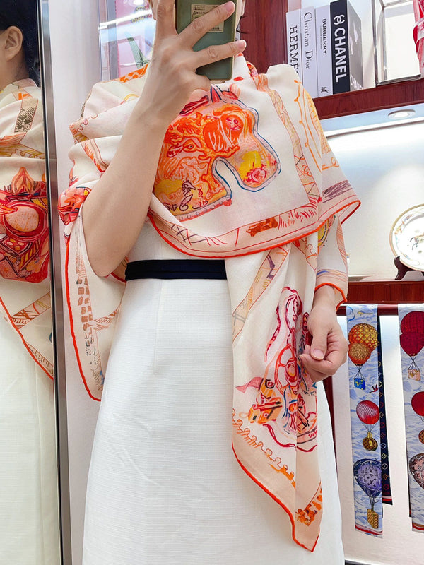 Chevaloscope Scarf 140 CM In Yellow Orange Colorful Cashmere And Silk 373659