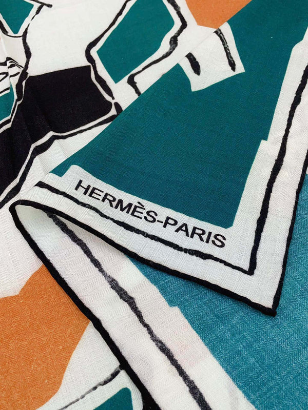 Choregraphie Equestre Pareo Scarf 140 CM Teal Blue Colorful Cashmere And Silk 393171