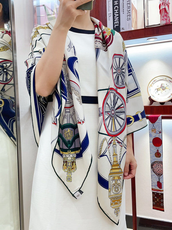 Stately Wheels Scarf 140 CM White Colorful Cashmere And Silk 394588