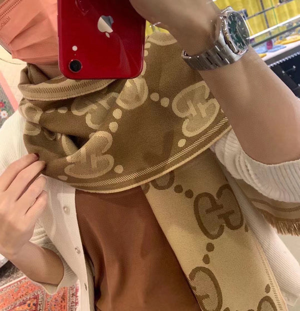 DOUBLE-SIDED SCARF 200 CM IN COFFEE AND TAN BROWN WOOL AND SILK 398287